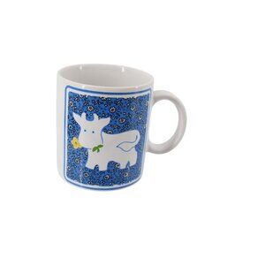 JSNY Calico Country Cow Mug Blue Background Vintage Taiwan 93719